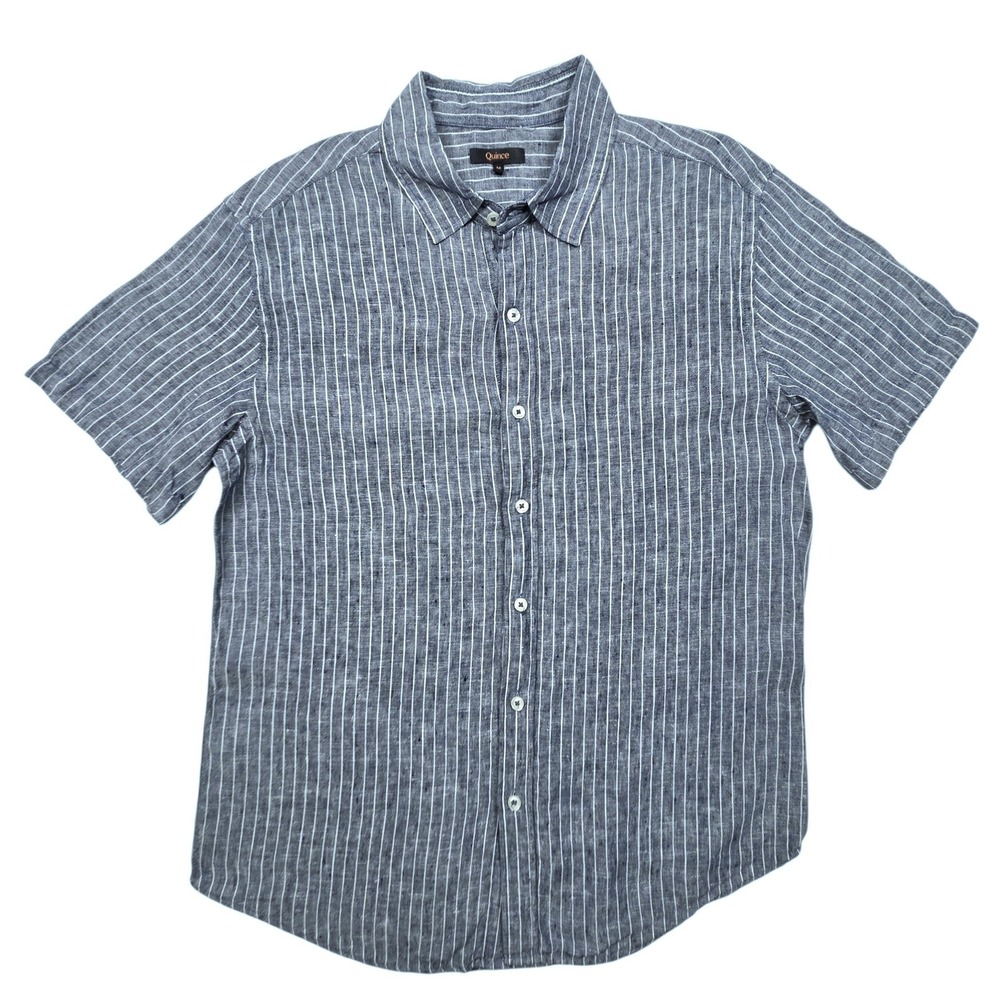 Quince Button Down Shirt Mens Medium Blue White Striped Short Sleeve Linen Blend
